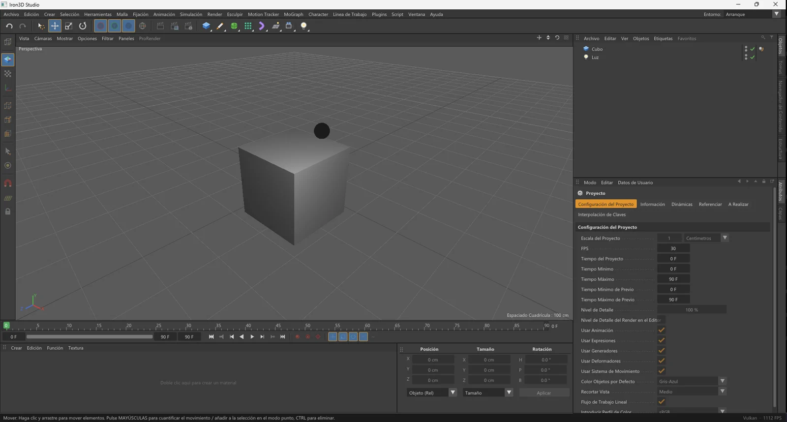Interfaz de Iron3D Studio: menús arriba, barra de herramientas con iconos, visor 3D con un cubo sobre una rejilla, Gestor de Objetos y Configuración del Proyecto a la derecha, Línea de Tiempo y Gestor de Coordenadas abajo.